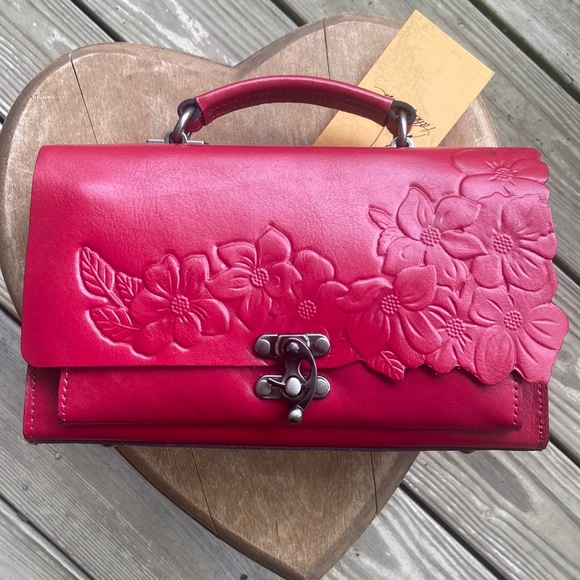NWT Patricia Nash Charonne Satchel Bag Tooled Granita Red Leather Handbag Purse - Picture 9 of 11